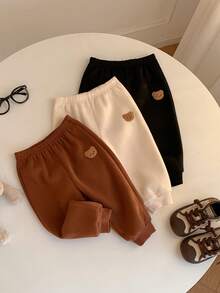 SHEIN 3件套男婴保暖内衬可爱小熊图案运动裤套装，舒适百搭，休闲时尚，适合日常穿着，室内、室外、滑雪、运动、派对、拍照、节日、街头风、运动服、慢跑裤、圣诞节、新年等场合。