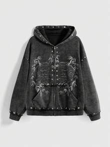 ROMWE Grunge Punk Y2K Punk Rivet Design Bamboo Leaf Tiger Print Oversized Women Sweatshirt - Black - View 1