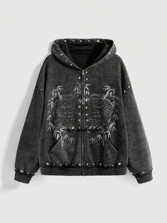 Grunge Punk Felpa oversize da donna con design a rivetti punk, stampa a foglie di bambù e tigre, stile Y2K