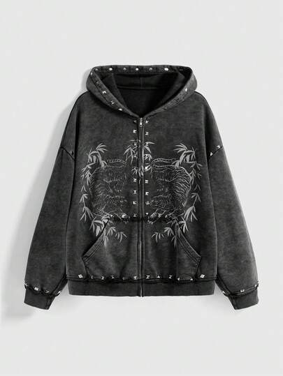 Grunge Punk Y2K Punk Rivet Design Bamboo Leaf Tiger Print Oversized Women Sweatshirt