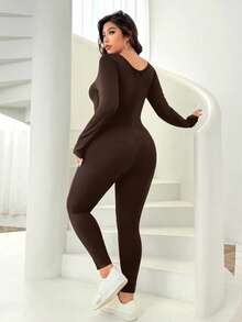 SHEIN EZwear 秋冬季针织大码保暖连体裤 - 巧克力棕 - 查看 2