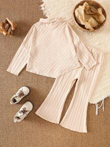 2pcs/Set Young Girl' Autumn Winter High Collar Drop Shoulder Ribbed Fuzzy Pullover Top And Pants,Casual School Outfits For Vacations And Gatherings - Apricot - View 2