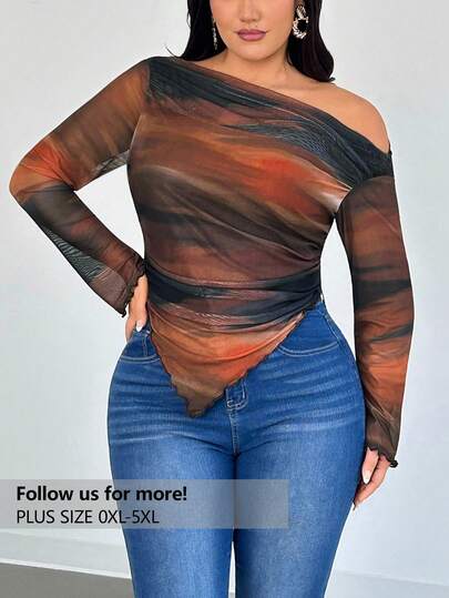 Firerie Plus Size Women's Elegant Romantic Tie Dye Print Long Sleeve Asymmetrical Hem T-Shirt Clothes For Women Spring