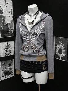 EgrlEra 女士街头风休闲印花拉链卫衣 - 灰色 - 查看 5