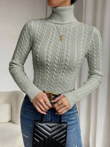 RosyDaze Áo len dệt kim xoắn cổ cao tay raglan trơn màu dành cho nữ - Xám - Xem 6