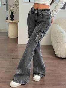 SHEIN EZwear Women's Minimalist Daily Low-Waist Flare Leg Jeans - Dark Grey - View 7