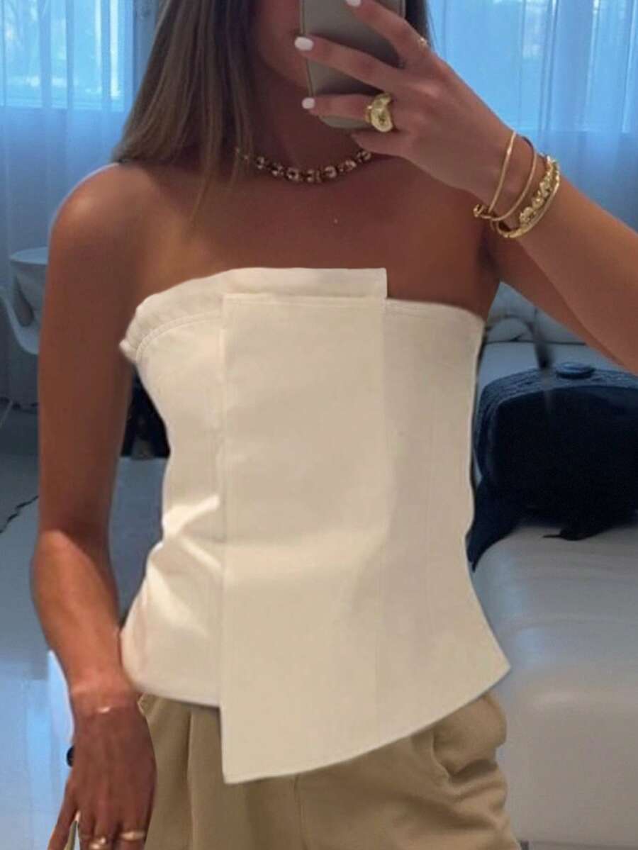 INAWLY Women Casual Minimalist Sexy Romantic Bandeau Top - White - View 1