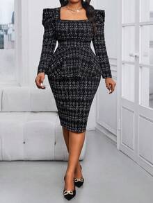 SHEIN Lady 大码女式优雅格子印花方领泡泡袖荷叶边上衣和铅笔裙两件套，适合秋季上班通勤 - 彩色 - 查看 7