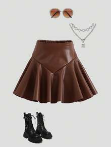 ChillGRL Young Girls' Punk Style Brown PU Leather A-Line Skirt, High-Waisted Design With Voluminous Hem, Unique Sheen, Suitable For Casual, Party And Occasions, Autumn/Winter