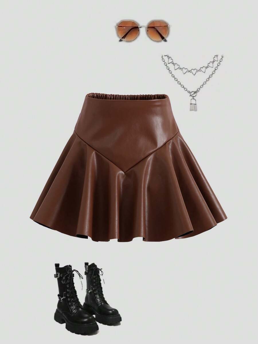 ChillGRL Young Girls' Punk Style Brown PU Leather A-Line Skirt, High-Waisted Design With Voluminous Hem, Unique Sheen, Suitable For Casual, Party And Occasions, Autumn/Winter
