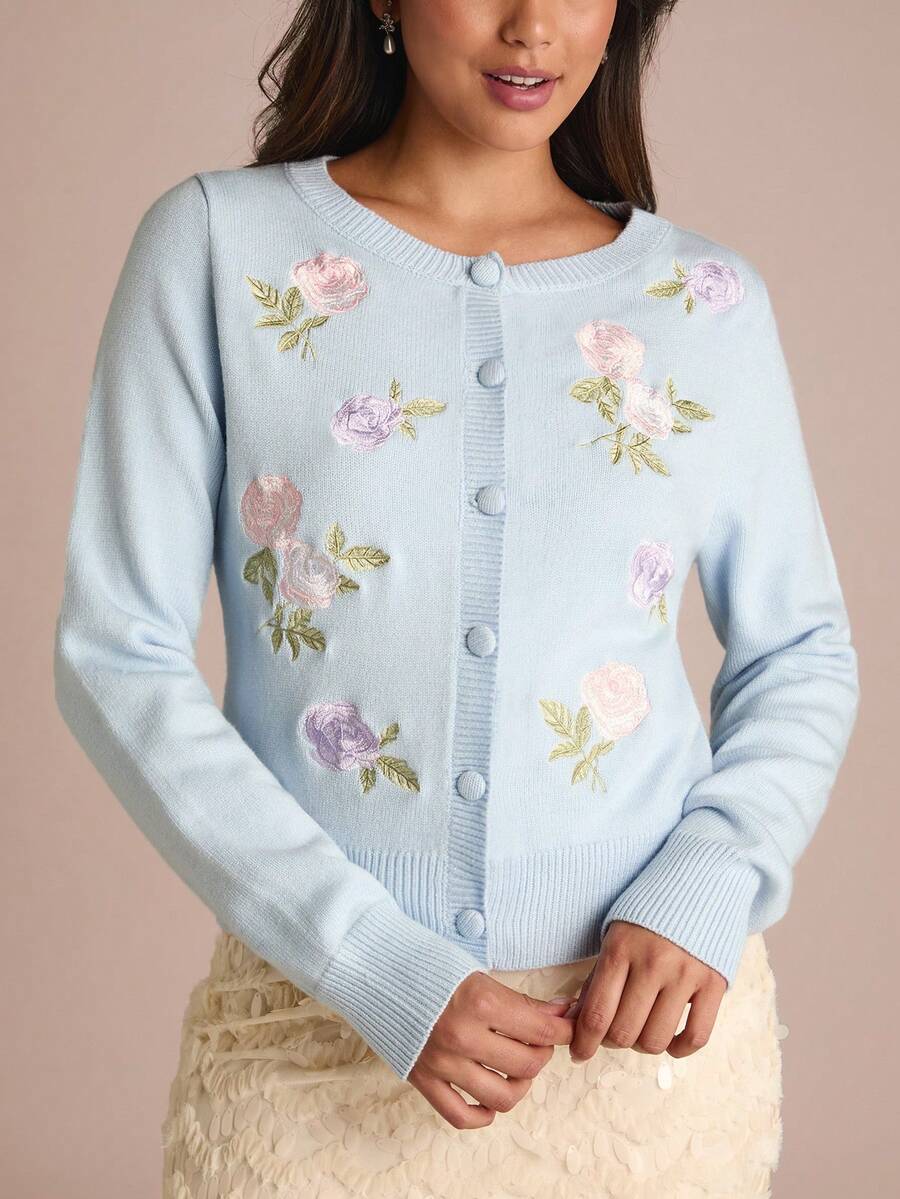 Enchnt 秋冬浪漫女士花卉刺绣长袖针织开衫，别致优雅，时尚百搭，适合派对、约会、节日、毕业典礼、外出、万圣节、圣诞节、秋季、新年等场合。 - 淺藍色 - 查看 1