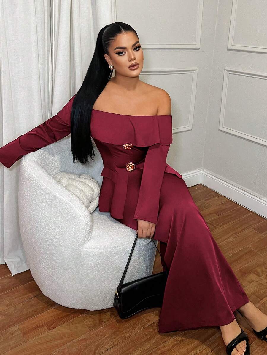 SHEIN SXY 1pc Elegant Off Shoulder Burgundy Metallic Rose Blouse Set, Business Attire, Red , Christmas ,New Year , Thanksgiving Outfit For Women ,Elegant ,Stylish Clothing Collection,Business Casual Outfits Women, Long Sleeve Elegant Set, Classy Off Shoulder Top And On Shoulder Set, 2 Piece Lounge Sets Woman, Elegant 2 Piece Set, 2 Piece Sets Woman Classy - Burgundy - View 1