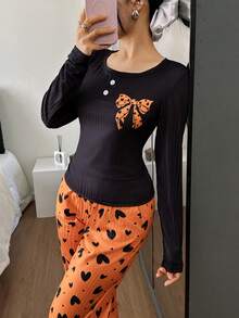 SHEIN 蝴蝶结爱心罗纹圆领长袖上衣和裤子休闲女式睡衣套装，冬季服装 - 黃色 - 查看 5