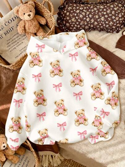 SHEIN 复古甜美多巴胺风格，可爱的粉色蝴蝶结熊印花，学院风时尚休闲氛围，Y2K，舒适季节，年轻女孩休闲宽松圆领舒适日常针织长袖运动衫，适合秋冬季