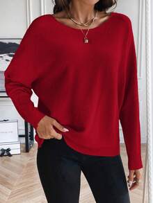 SHEIN LUNE Women's Casual Versatile Solid Color Batwing Sleeve Sweater - Red - View 6