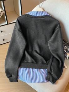 Modelyn Striped Patchwork 2 In 1 Long Sleeve Elegant & Fashionable Women Sweatshirt - Grey - View 2