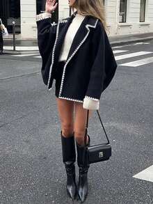 Pariaura Áo khoác ngoài ve áo rộng rãi, thanh lịch và sang trọng, cài hai hàng khuy, thêu họa tiết răng cưa, phù hợp cho mùa thu đông. Áo khoác ngoài thời trang dành cho nữ. - Màu xanh hải quân - Xem 1