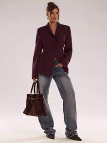 SHEIN BAE Women's Solid Color Front Button Fitted Long Sleeve Blazer - Red Violet - View 3