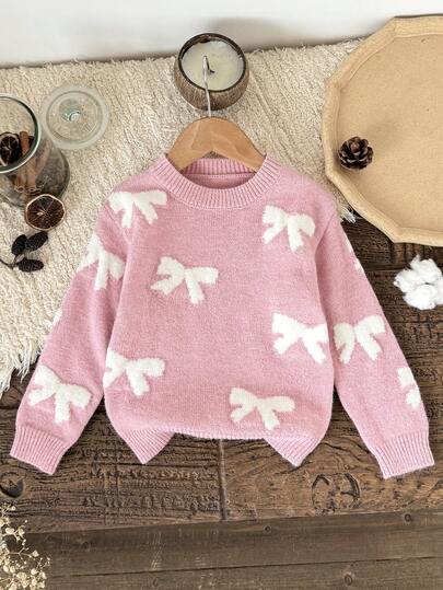 LMoss Kids Suéter casual con cuello redondo y decoración de lazo para niña joven