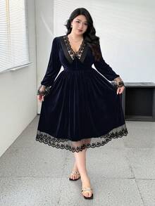 Flirla 优雅V领蕾丝拼布腰部收腰公主长袖连衣裙 - 藏蓝色 - 查看 7