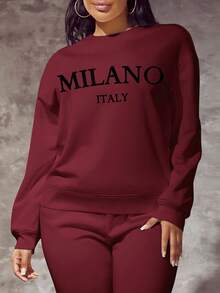 SHEIN SXY 大码休闲简约黑色字母印花圆领宽松加厚卫衣，适合秋冬季节穿着；酒红色女式印花卫衣，适合新年派对 - 酒紅色 - 查看 6