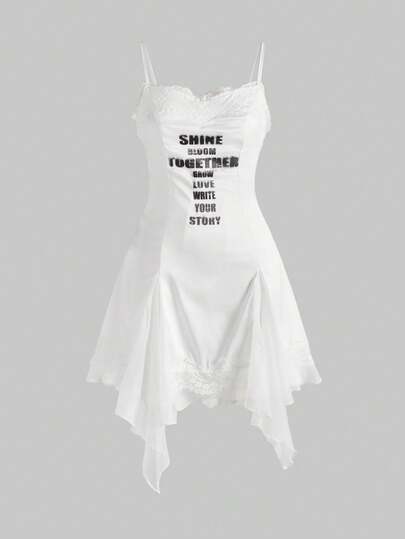 Grunge Punk Romantic Punk Cross & Letter Print Satin Mini Dress