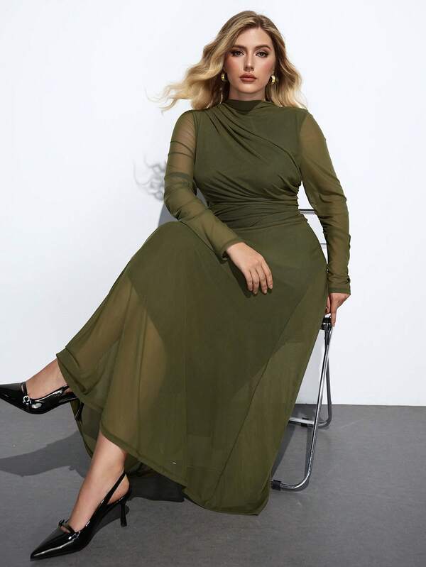 Maija Plus Size High-End Minimalist Design Versatile Daily Wear, Olive Green, Soft Knit Fabric, Stand Collar, Slim Fit, Women's Long Dress, Business Casual, Commute, Daily Outfit, Autumn/Winter, Korean Style, Stylish Design, Suitable For 5-15°C  Vintage Clothes Women Old Money Teacher Outfits For Women Going Out Tops Women Business Casual Plus Size Date Night Outfits Women Business Casual Woman Curve Fashion Versatile Comfortable Elegant Simple Daily Wearwomen Old Money Outfits For Women Winter Clothes For Women Christmas Women's Clothing New Year Women Thanksgiving Outfit For Women