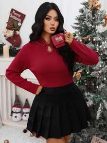 Elenzga Femmes grande taille Élégant col rond Manches longues Conception de boutons Chandail, Automne/Hiver