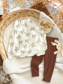 柔和的奶油黄色和卡其色，可爱的迷你豹纹蝴蝶结图案，女婴休闲厚柔软连帽衫和紧身裤套装，适合秋冬季 - 彩色 - 查看 2