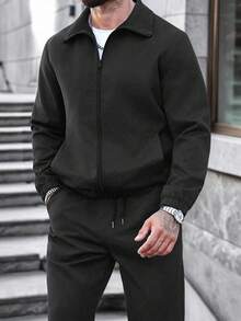 Manfinity CasualCool 男士流行休闲西装，INS搭配成熟基础休闲商务拉链夹克和抽绳慢跑裤，适合所有季节，适合工作和日常搭配，送给男朋友/老公的必备礼物，休闲装 - 黑色 - 查看 3