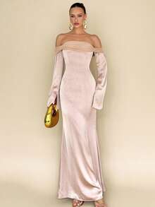 Rafferiza 时尚长袖性感露肩露肩连衣裙 - 藕粉色 - 查看 1
