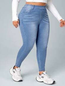 SHEIN CURVE+ Pantalones deportivos casuales de mezclilla tejida de talla grande para mujer - Azul lavado medio - Ver 5