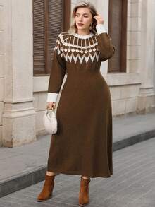 Modelyn 大码女式几何图案圆领长袖休闲针织毛衣裙，秋冬 - 棕色 - 查看 4