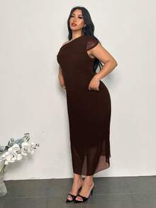 Firerie 大码春秋新款优雅不对称肩短袖褶皱腰针织连衣裙，休闲时尚百搭女士连衣裙，女士婚礼宾客礼服，女士秋季服装，女士优雅连衣裙 - 棕色 - 查看 8