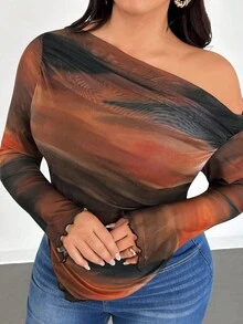 Firerie Plus Size Women's Elegant Romantic Tie Dye Print Long Sleeve Asymmetrical Hem T-Shirt,Fall Clothes For Women