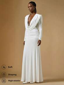 Briarwyn 女士优雅性感派对连衣裙，纯色深垂领褶饰修身鱼尾下摆长裙 - 白色 - 查看 8