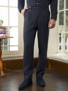 Manfinity Bizformal Men's Casual Straight-Leg Pants, Fashionable And Versatile Men High Waisted Pants Men Trousers Men Dress Pants Men Pleated Suit Pants Men Slacks - Navy Blue - View 5