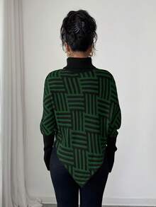 Women's Elegant High Neck Geometric Textured Poncho Sweater, Colorblock, Suitable For Home & Travel, Spring/Autumn - Dark Green - View 2