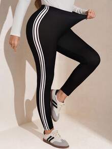 SHEIN LUNE 大码休闲运动紧身裤，适合秋冬季机场装 Barnfit 感恩节装女新年女装春夏装休闲日常穿着女式弹力针织高腰紧身紧身裤，休闲、户外运动、瑜伽，可拉伸提拉紧身裤，适合运动和瑜伽 - 黑色 - 查看 4