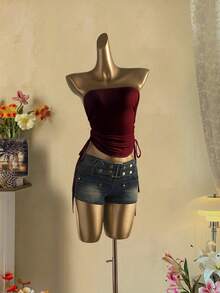 Attitoon 女士休闲抽绳系带短款抹胸 - 酒紅色 - 查看 4