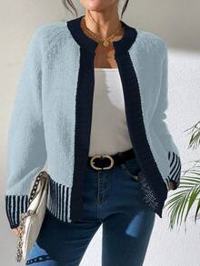 RosyDaze Áo len cardigan sọc đen trắng đa năng thời trang Pháp - Màu xanh lam - Xem 3