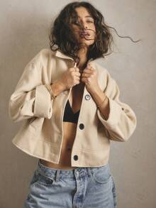 Aralina 秋冬季撞色纽扣宽松翻领毛毡夹克，宽袖带口袋，时尚优雅，保暖百搭，适合外出穿着。 - 卡其色 - 查看 6