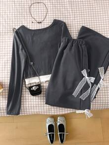 SHEIN Áo phông xám ren và quần âu xám có nơ - Xám - Xem 2