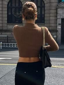 DAZY Áo len chui đầu cổ lọ ngắn vừa vặn thường ngày cho nữ Y2k - màu nâu - Xem 3