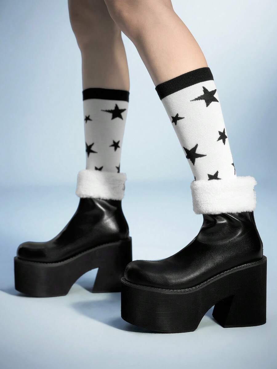 Women's Fashion Back Zipper Thick Sole Elastic Faux Fur Collar Ankle Boots - Black and White - View 1