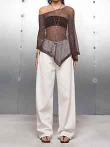 LYSMO 女士咖啡棕色纯色不对称领披肩领网纱透视衬衫，性感派对适合外出、街头服饰、Grunge摇滚和朋克时尚、Y2K和万圣节装扮，2025年秋季极简哥特风格 - 咖啡棕 - 查看 5