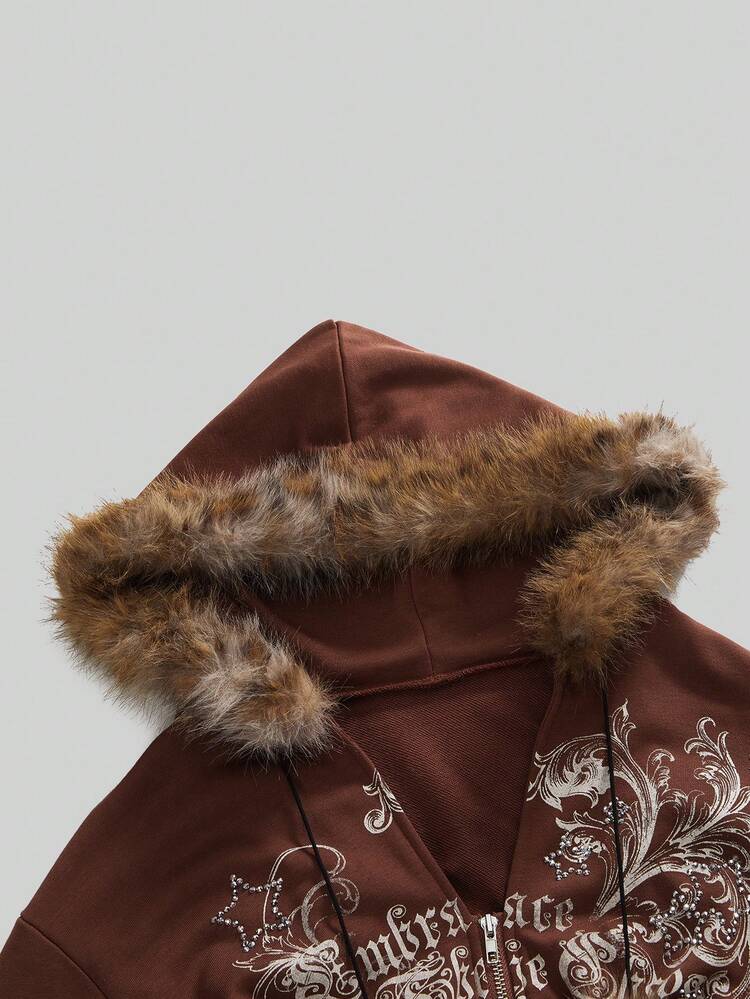 ROMWE Grunge Punk Y2K Subculture Retro Fitted Leopard Print Hooded Sweatshirt With Vintage Floral Print And Rhinestone Embellishment - Coffee Brown - View 3