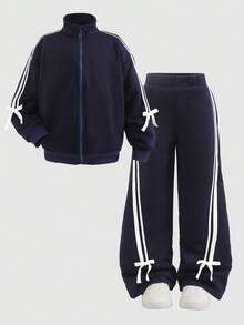 SHEIN 2pcs Young Girl Knitted Solid Color Casual Jacket And Long Pants Set - Royal Blue - View 8