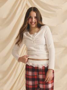 少女罗纹针织蕾丝边圆领长袖T恤，适合秋冬季户外、居家及各种场合穿着。 - 白色 - 查看 5