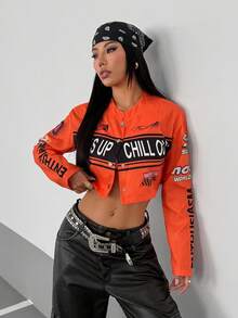 StreetHx Women's Streetwear Motorcycle Letter Print Cropped Jacket - Orange - View 6
